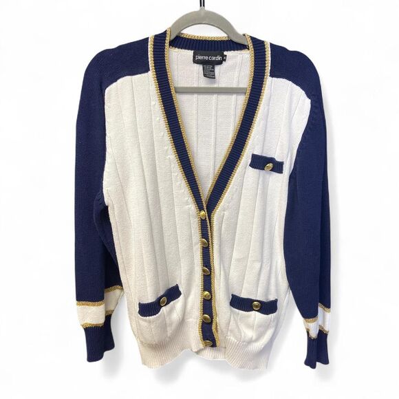 Vintage Pierre Cardin knit gold navy and white sweater cardigan size M - Picture 4 of 11